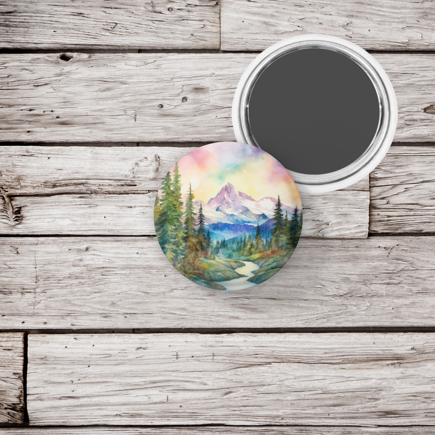 Mountain Forest 3 Pin Back Button, Magnet, Keychain