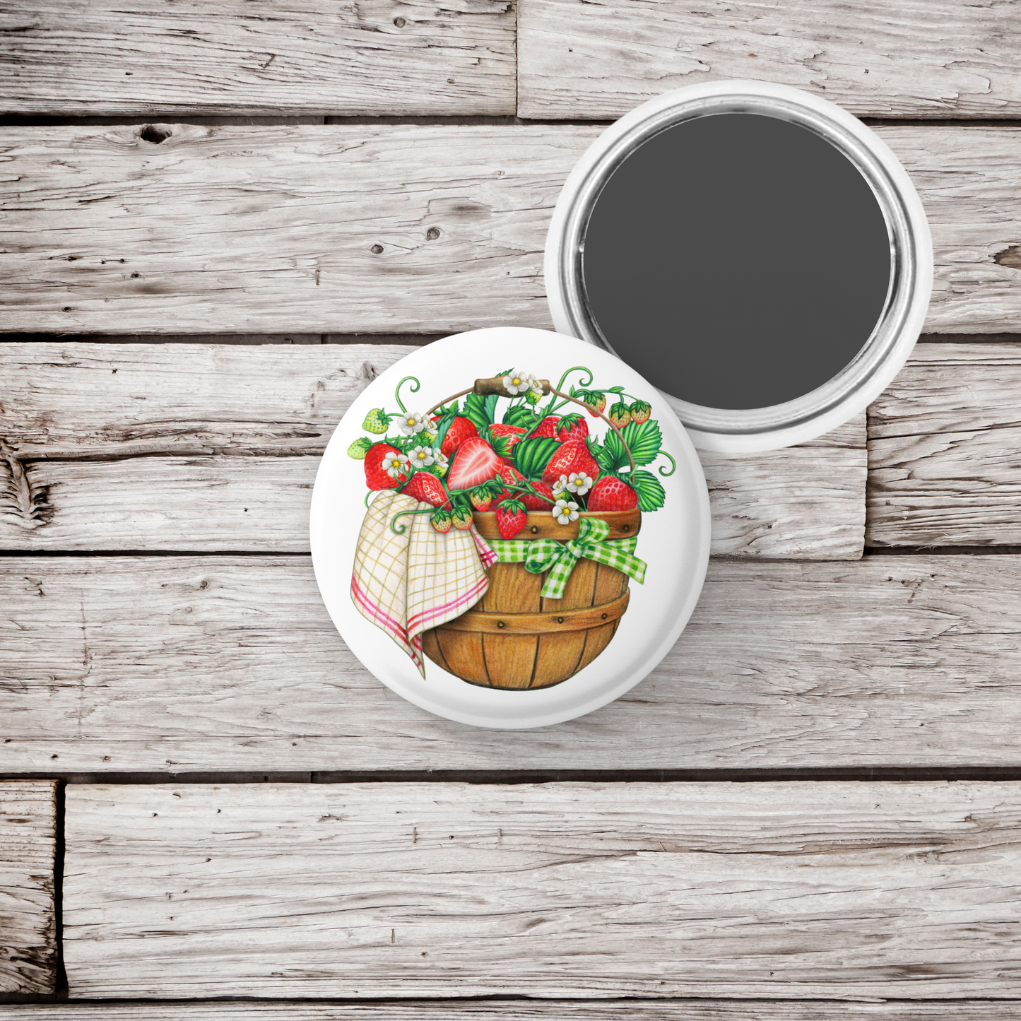 Strawberry Basket Pin Back Button, Magnet, Keychain