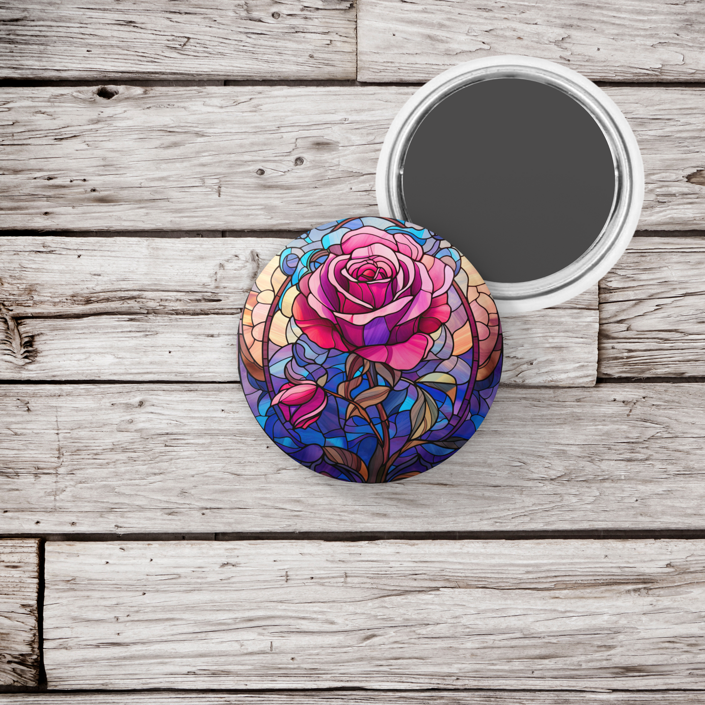 Stained Glass Rose Pin Back Button, Magnet, Keychain