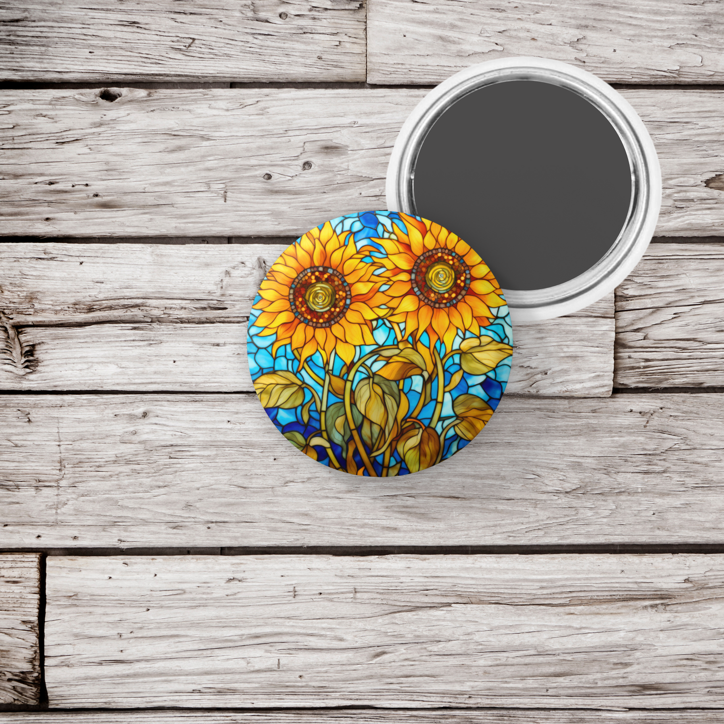 Stained Glass Sunflower Pin Back Button, Magnet, Keychain
