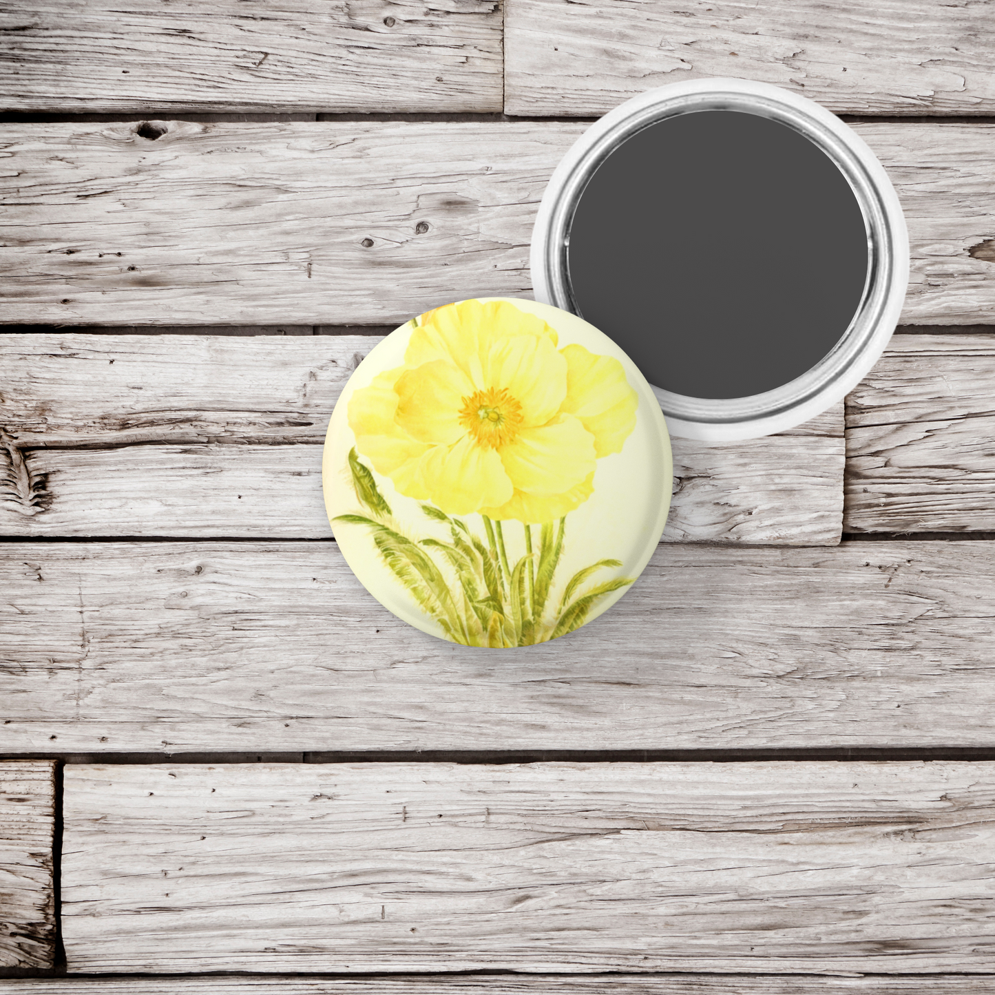 Welsh Poppy Flower Yellow Pin Back Button, Magnet, Keychain