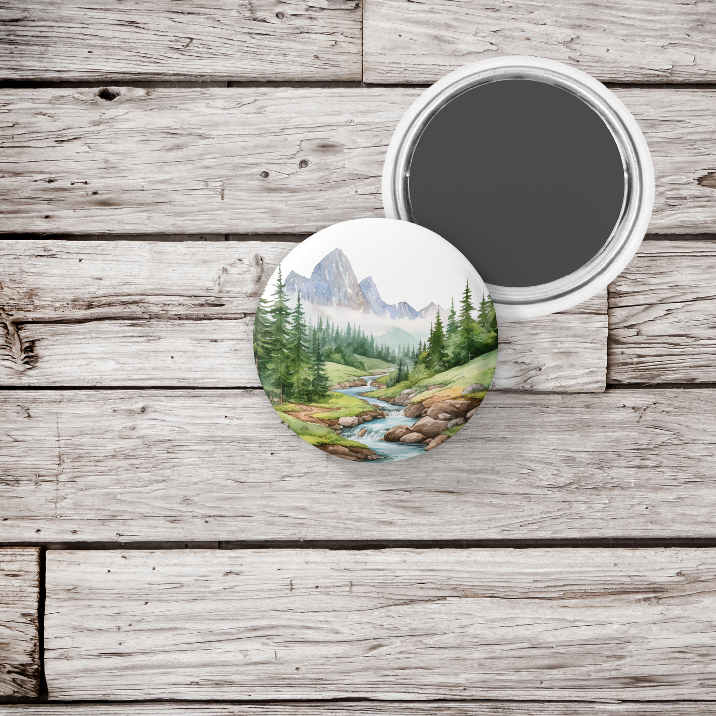 Mountain River 1 Pin Back Button, Magnet, Keychain