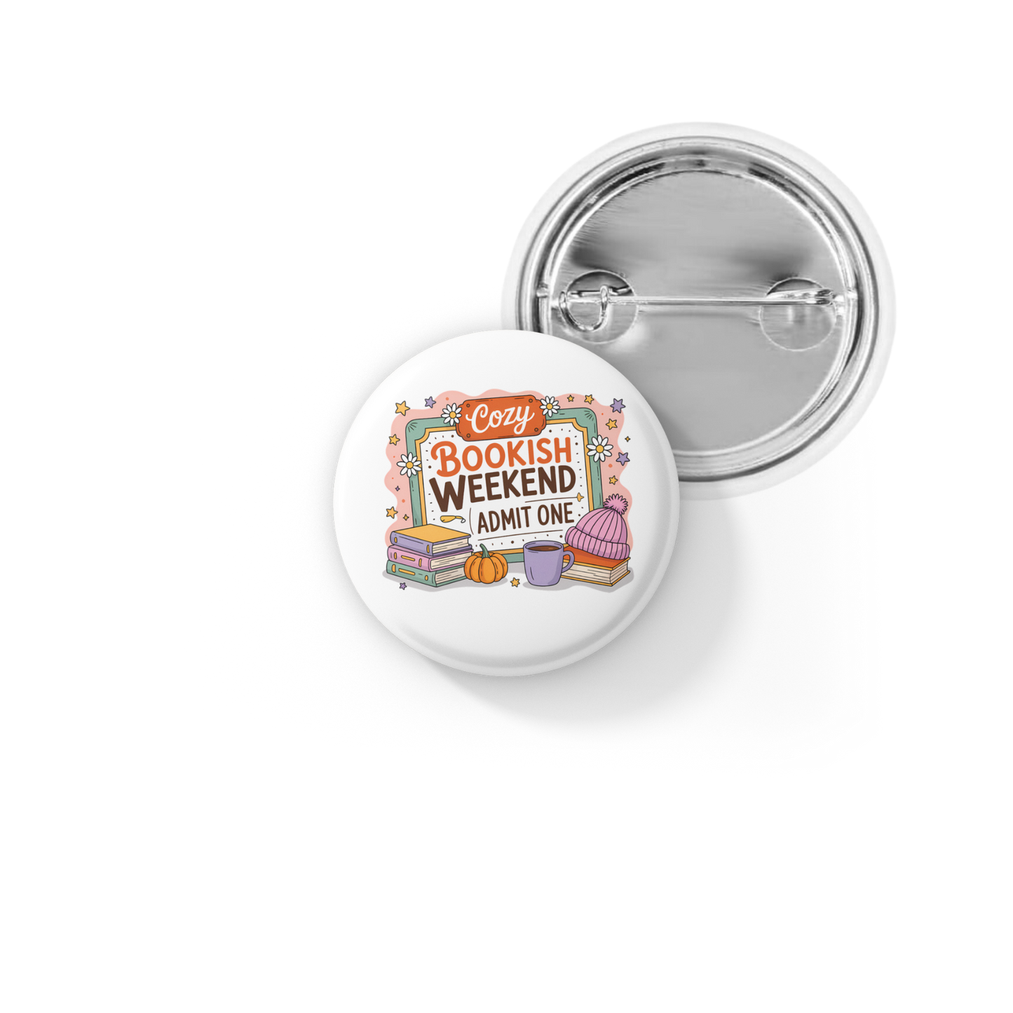 Cozy Bookish Weekend Pin Back Button, Magnet