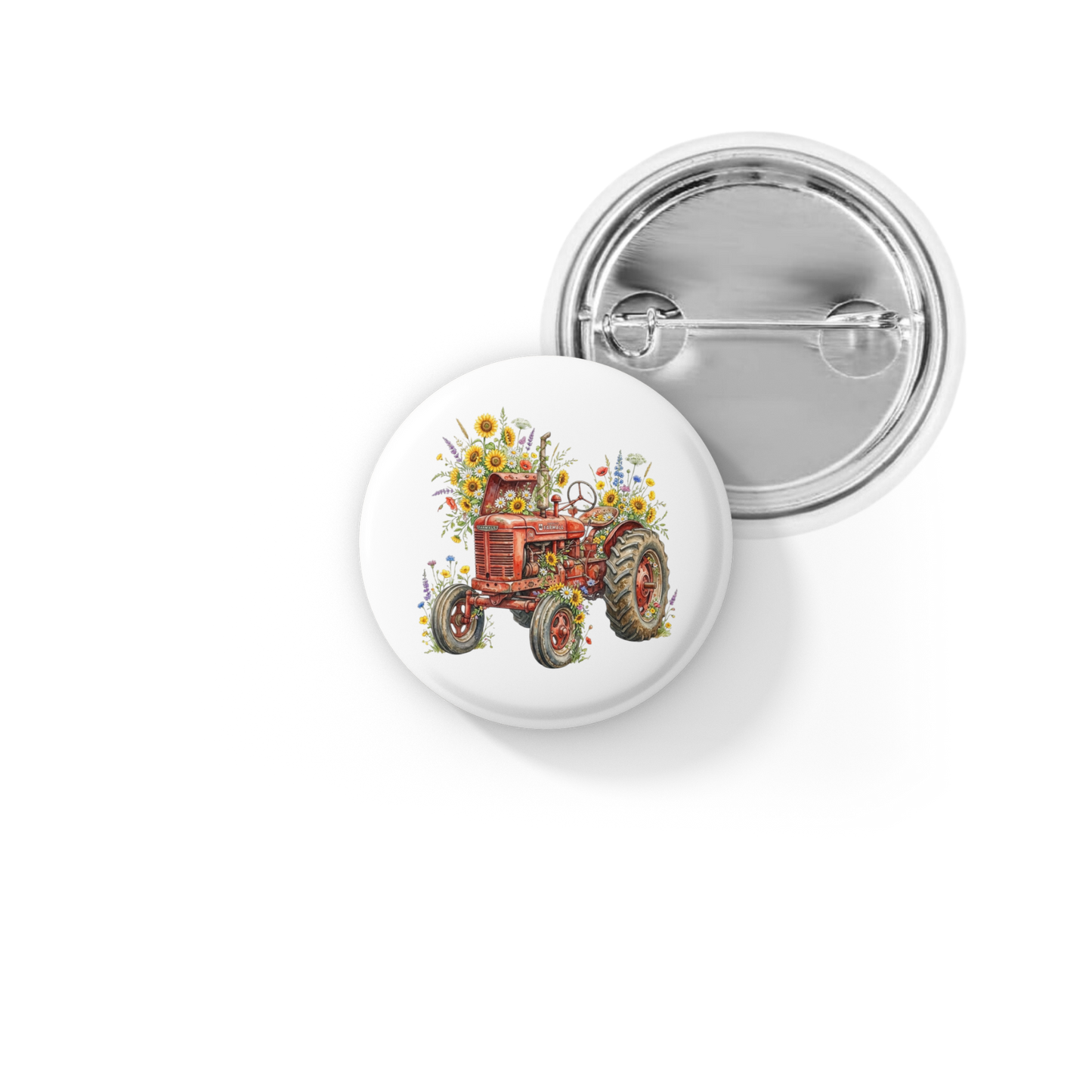 Floral Tractor Pin Back Button, Magnet