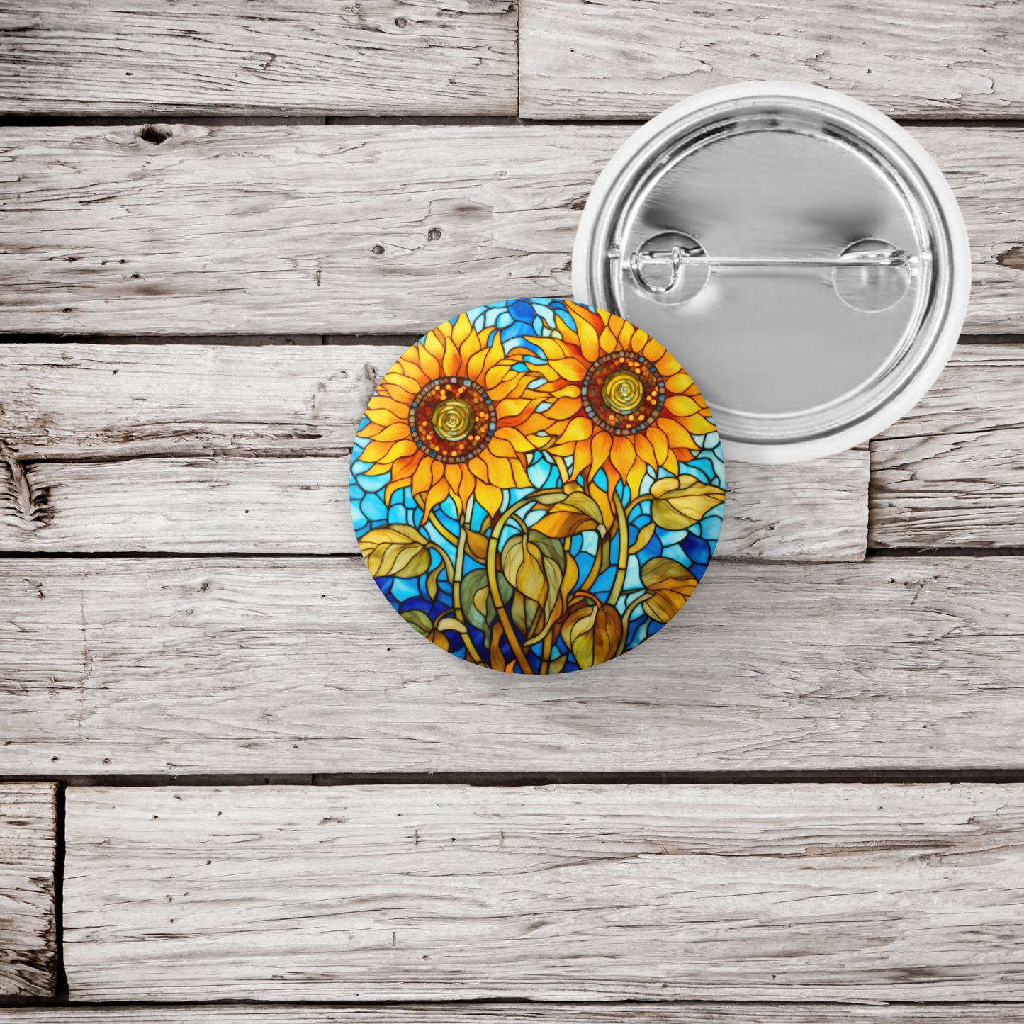 Stained Glass Sunflower Pin Back Button, Magnet, Keychain