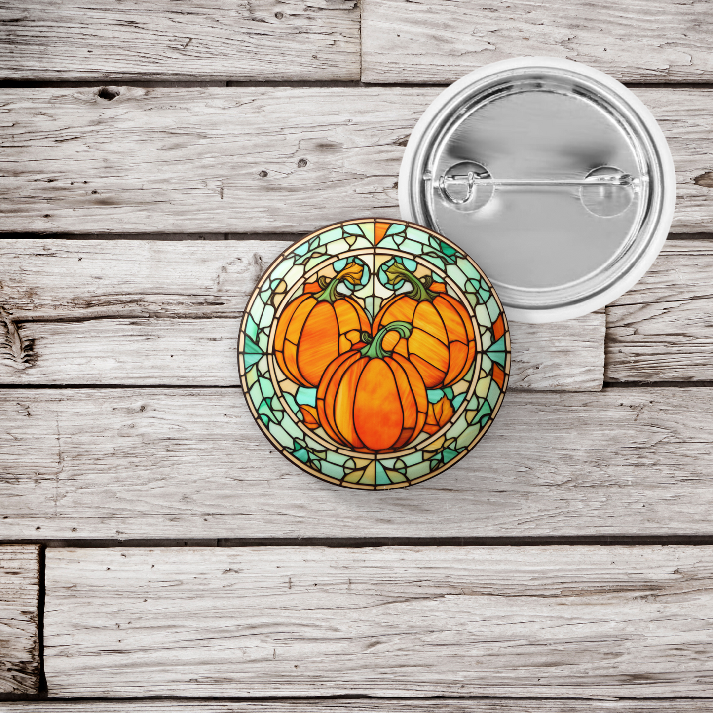 Stained Glass Pumpkin Pin Back Button, Magnet, Keychain