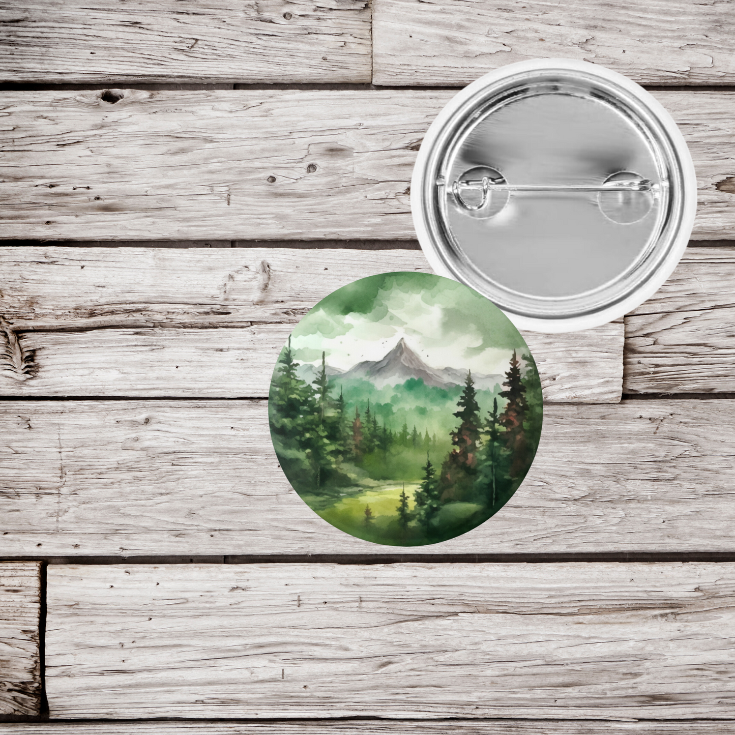 Green Forest Mountain Pin Back Button, Magnet, Keychain