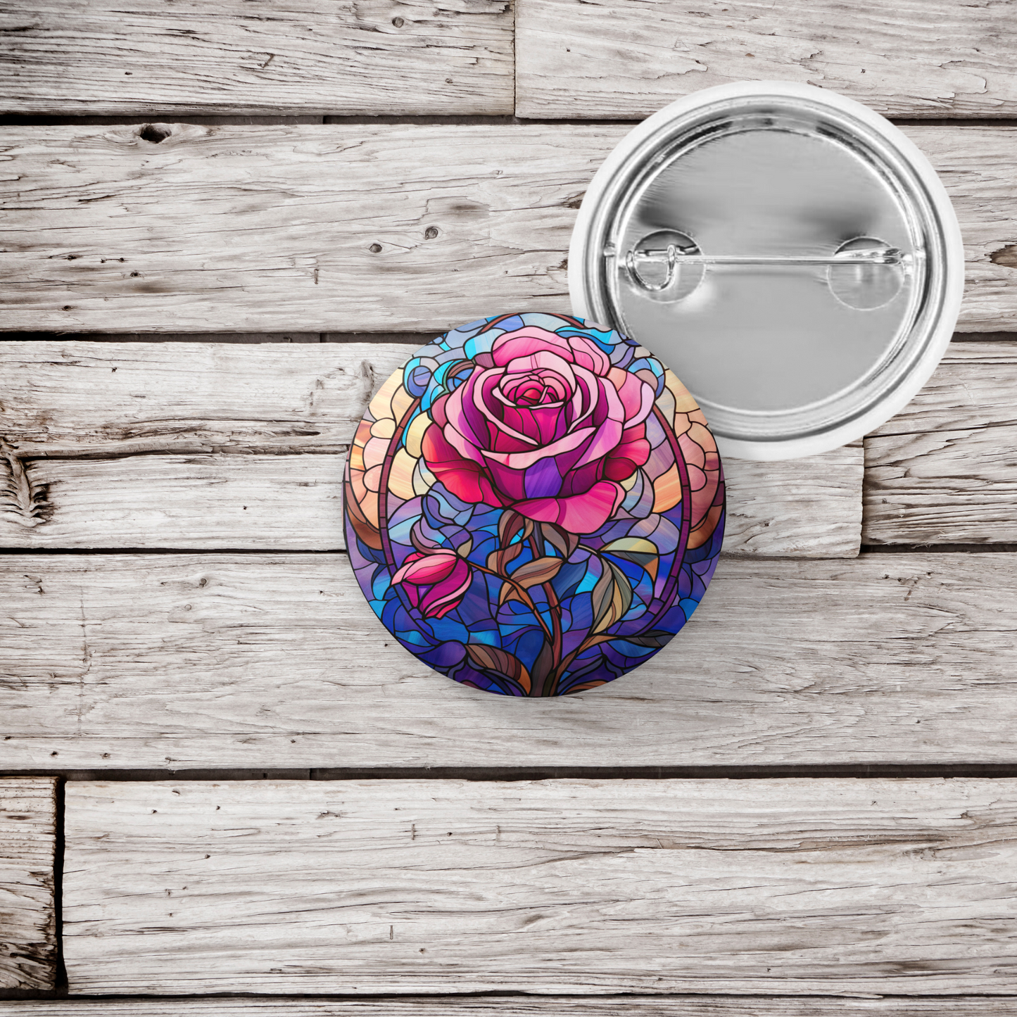 Stained Glass Rose Pin Back Button, Magnet, Keychain