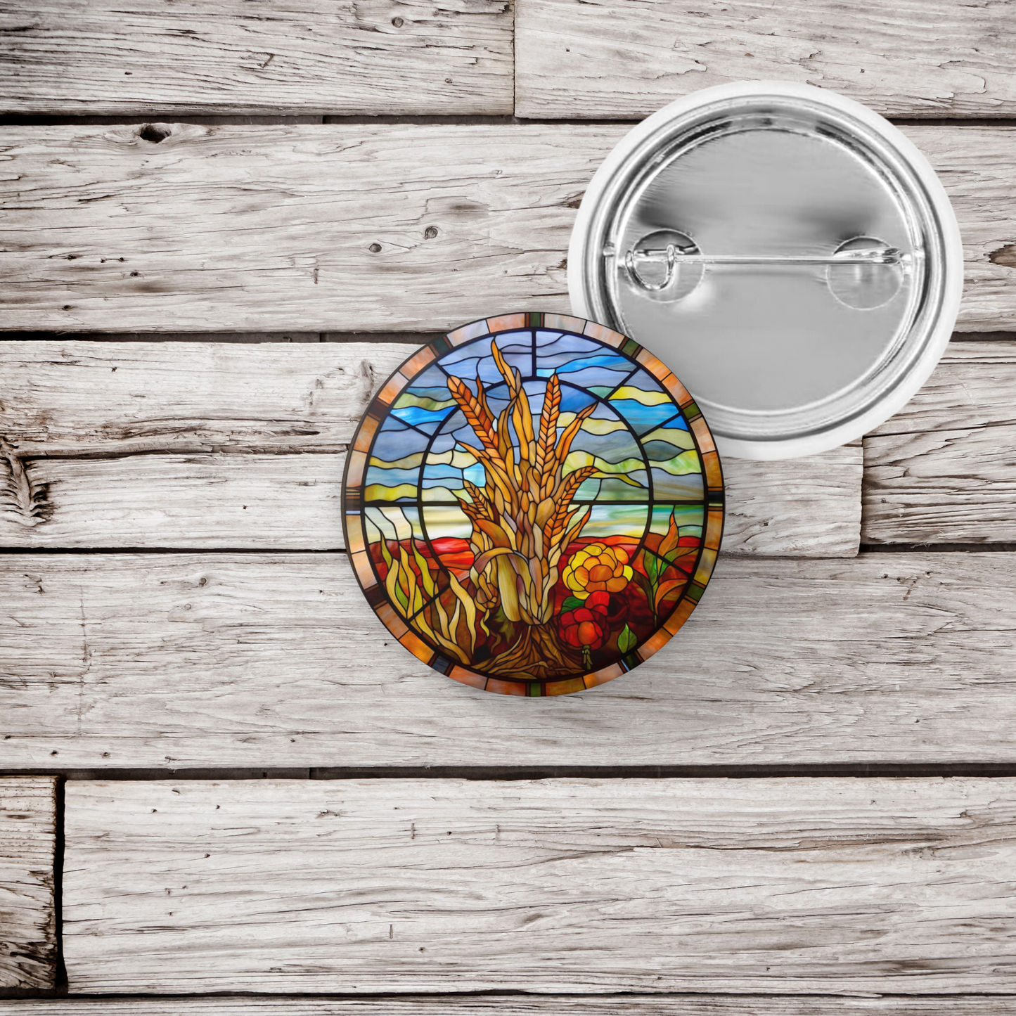 Stained Glass Wheat Pin Back Button, Magnet, Keychain