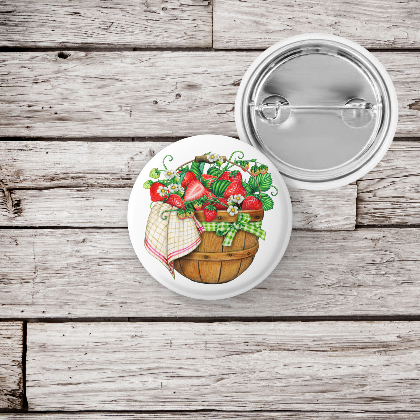 Strawberry Basket Pin Back Button, Magnet, Keychain