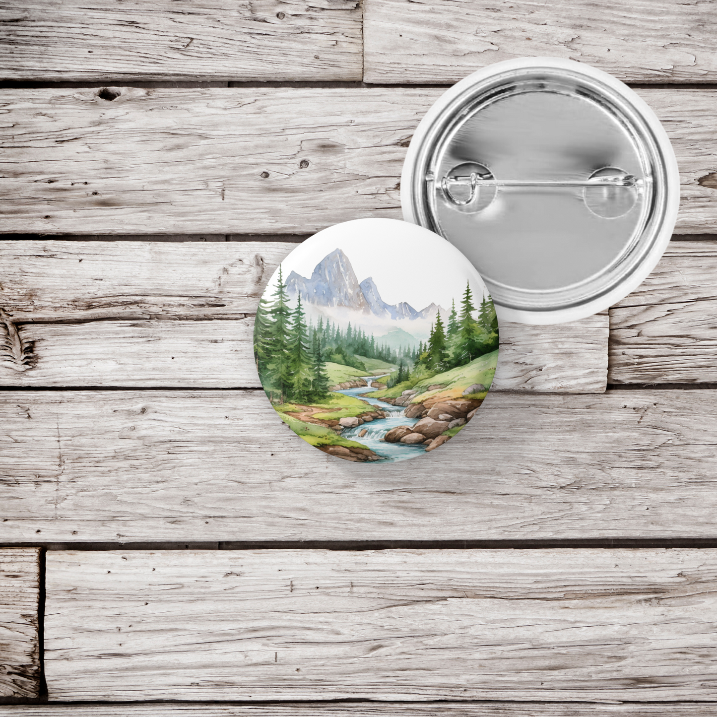Mountain River 1 Pin Back Button, Magnet, Keychain