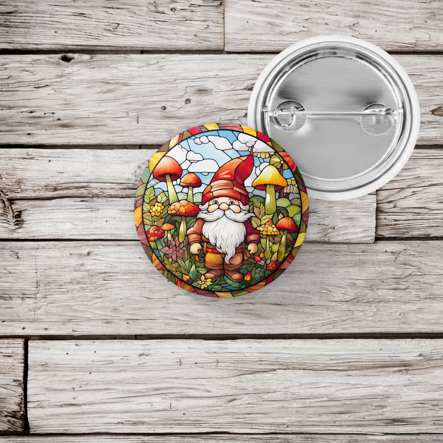 Stained Glass Gnome Pin Back Button, Magnet, Keychain