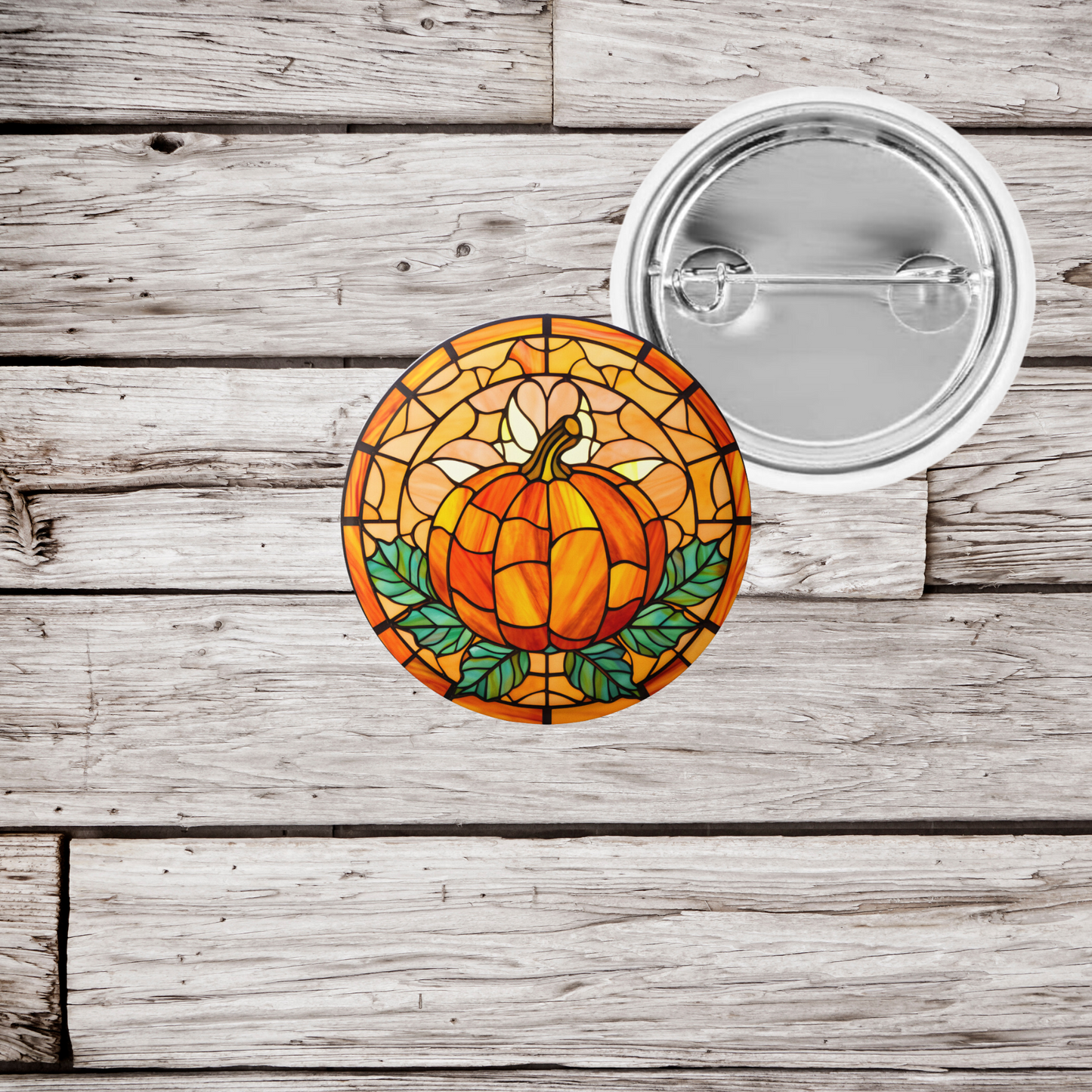 Stained Glass Pumpkin Pin Back Button, Magnet, Keychain