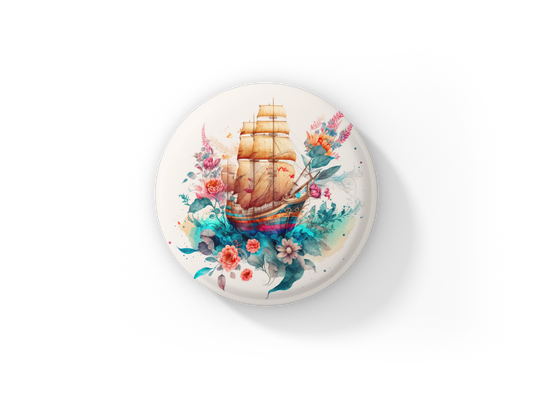 Floral Pirate Ship Pin Back Button, Magnet, Keychain