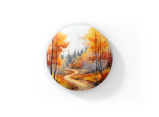 Fall Woods Landscape Pin Back Button, Magnet, Keychain