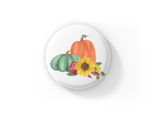 Pumpkin Sunflower Pin Back Button, Magnet, Keychain