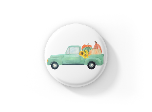 Fall Harvest Truck Pin Back Button, Magnet, Keychain