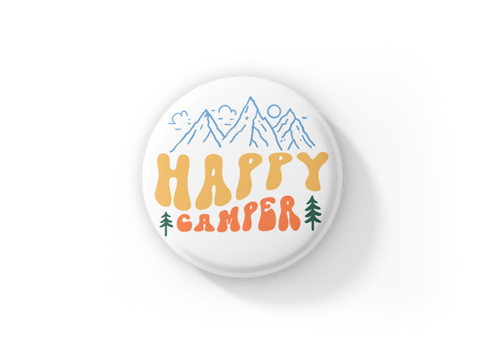 Happy Camper Pin Back Button, Magnet, Keychain