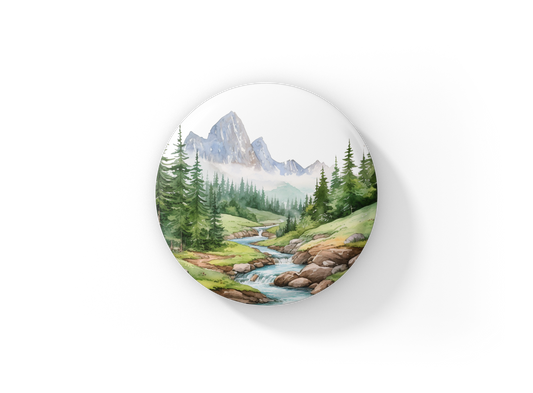 Mountain River 1 Pin Back Button, Magnet, Keychain