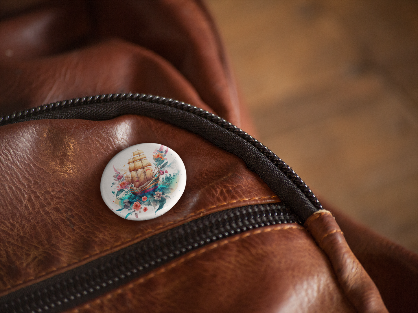 Floral Pirate Ship Pin Back Button, Magnet, Keychain