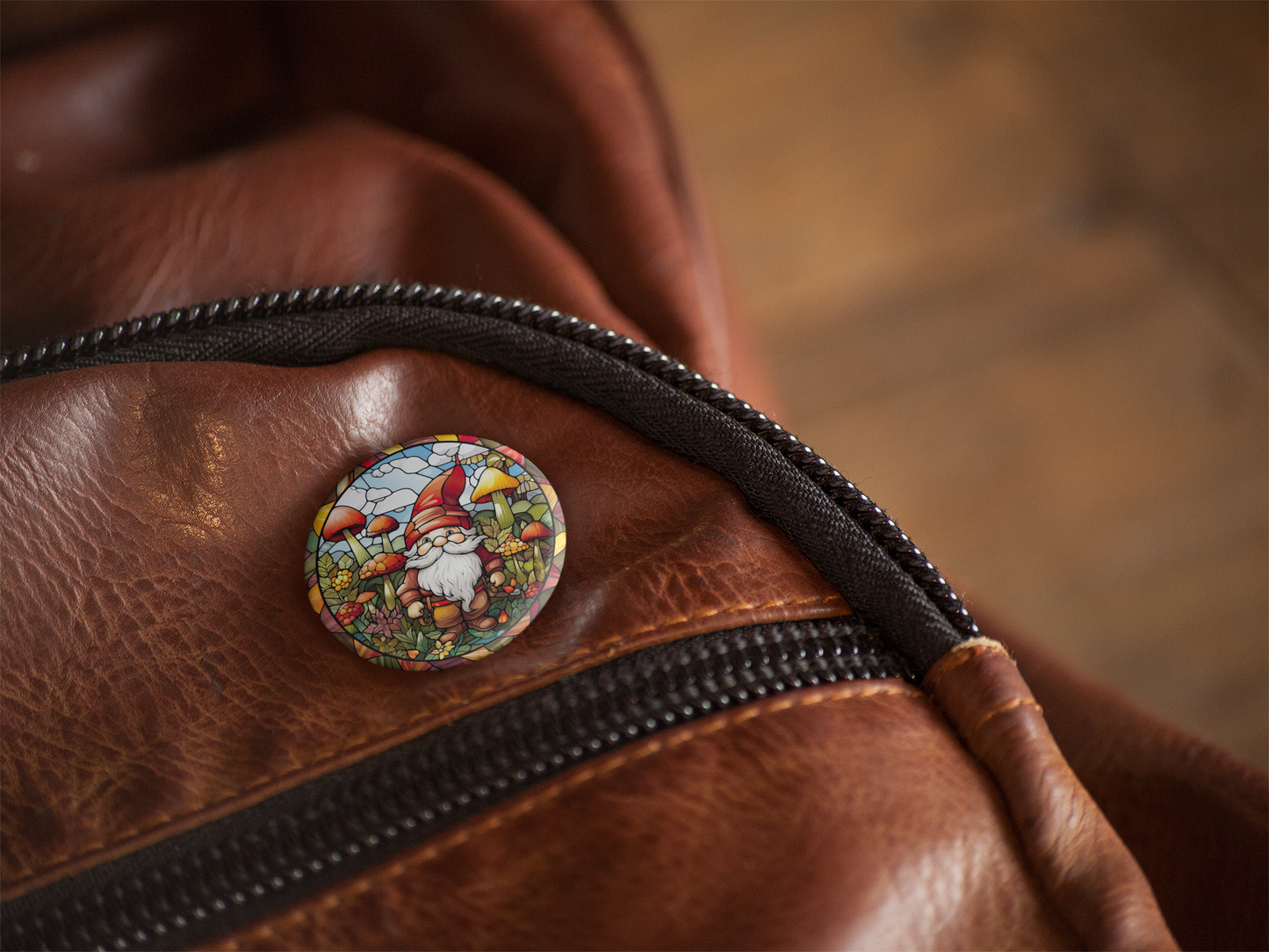 Stained Glass Gnome Pin Back Button, Magnet, Keychain