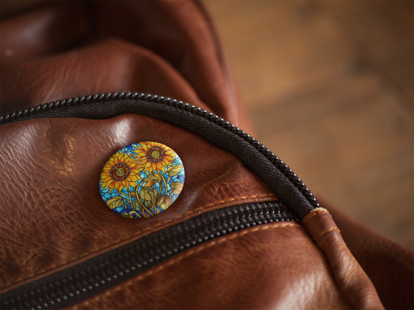 Stained Glass Sunflower Pin Back Button, Magnet, Keychain