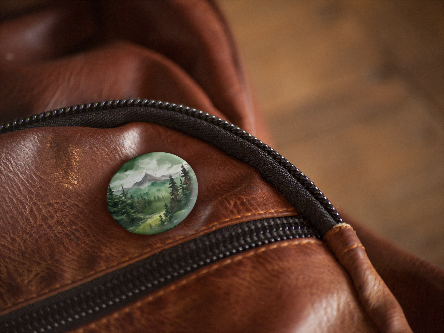 Green Forest Mountain Pin Back Button, Magnet, Keychain