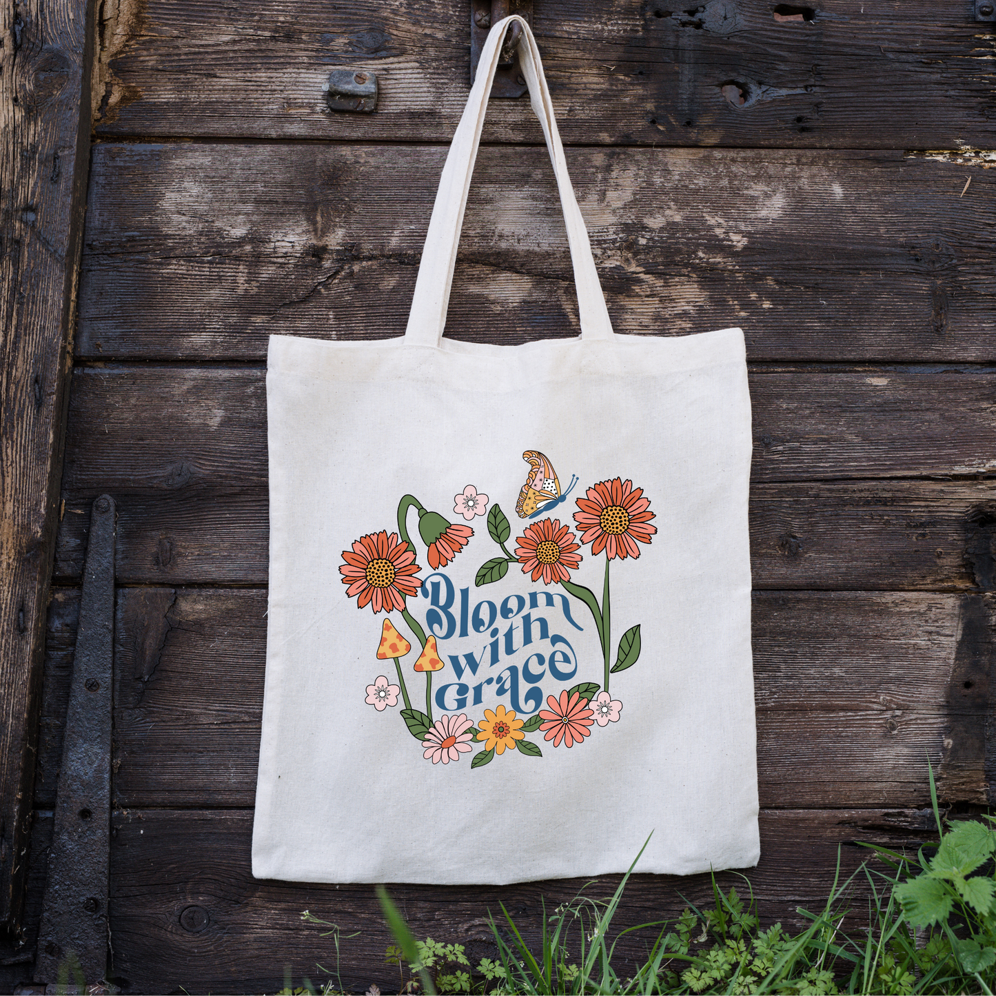 Bloom With Grace Tote Bag, Flower Tote, Floral Tote Bag, Reusable Bag, Motivation Gift Tote Bag