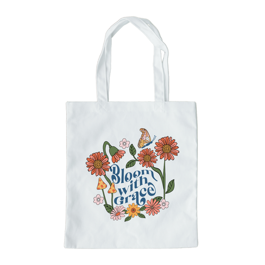 Bloom With Grace Tote Bag, Flower Tote, Floral Tote Bag, Reusable Bag, Motivation Gift Tote Bag