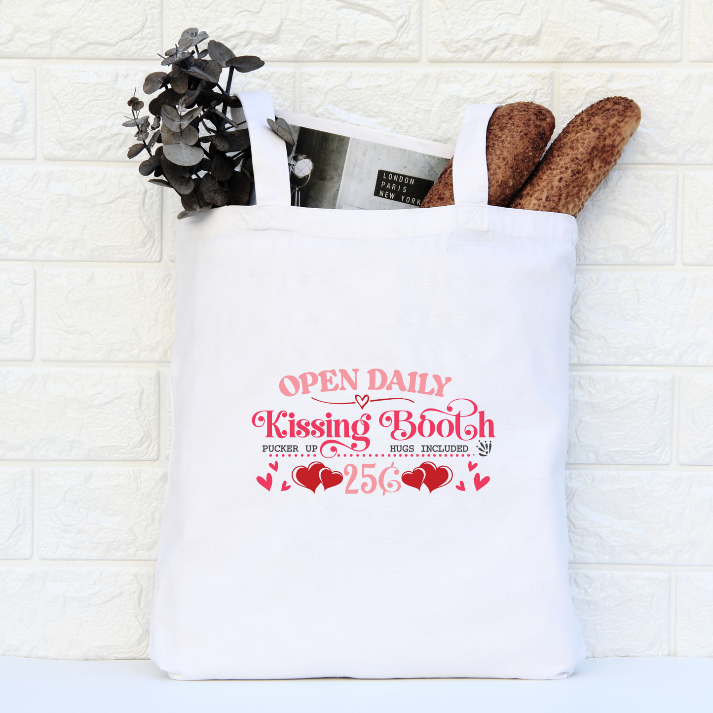 Open Daily Kissing Booth Tote Bag, Reusable Tote Bag, Valentines Day Tote Bag