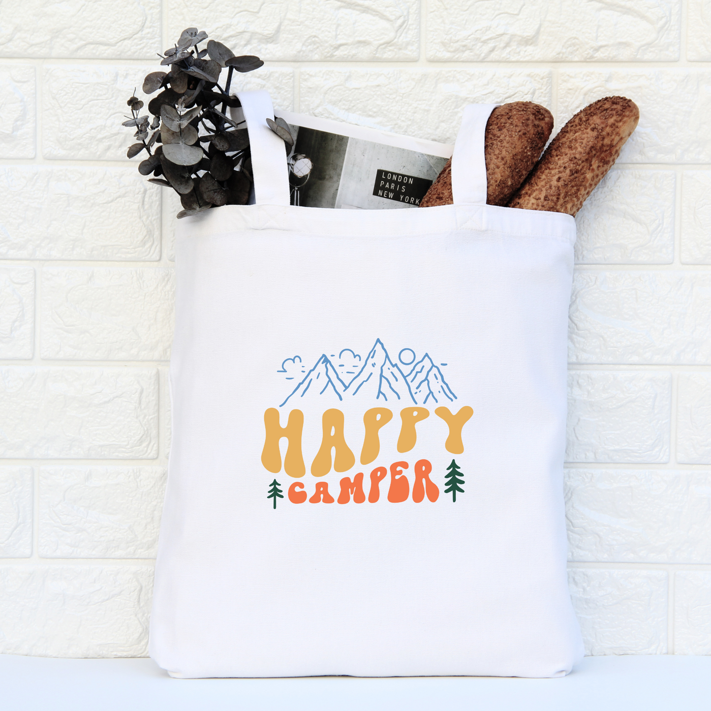 Happy Camper Tote Bag, Reusable Canvas Tote