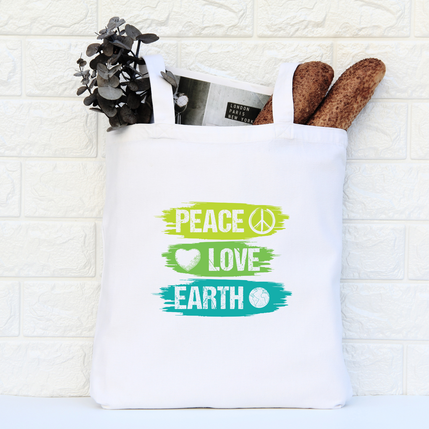 Peace Love Earth Tote Bag, Reusable Canvas Tote