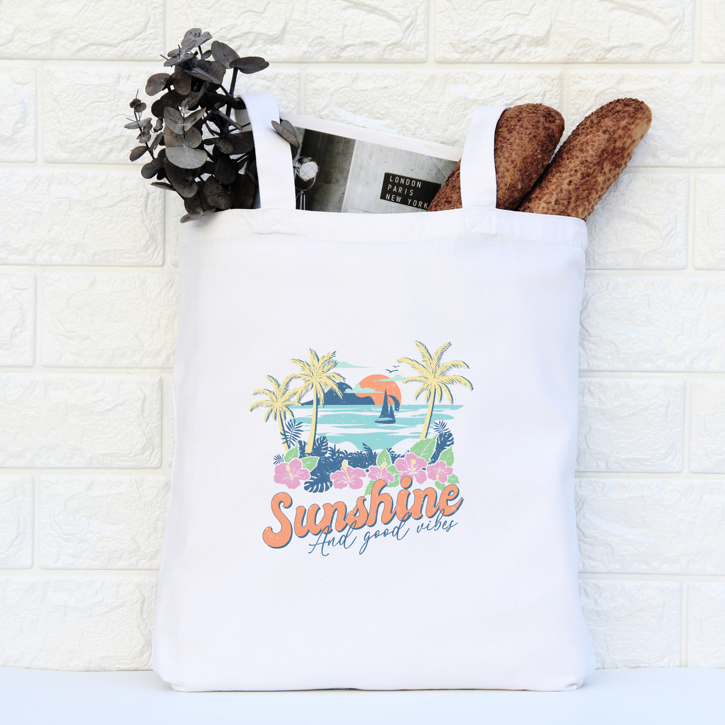 Sunshine and Good Vibes Tote Bag, Reusable Canvas Tote