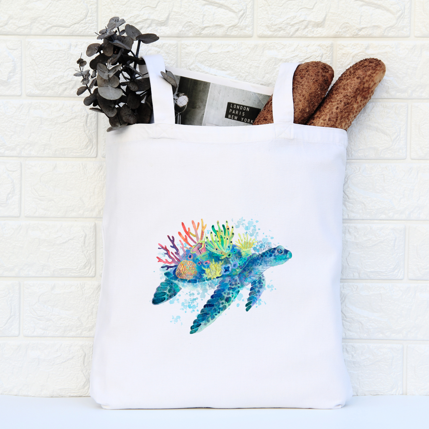 Sea Turtle Canvas Tote Bag, Reusable Canvas Tote, Turtle Tote Bag, Coral Tote Bag, Reef Tote Bag