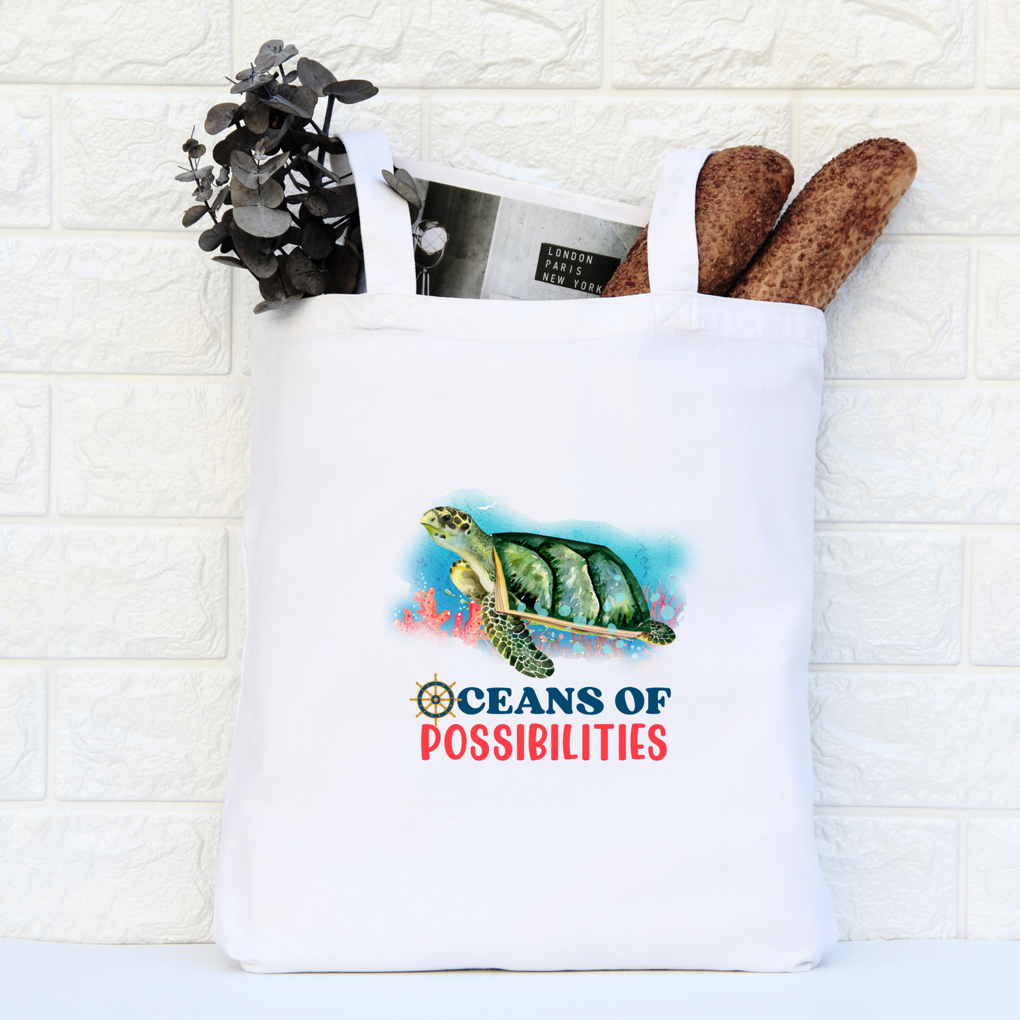 Oceans Of Possibilities Tote Bag, Sea Turtle Tote Bag, Reusable Canvas Tote, Reading Tote Bag, Ocean Tote Bag