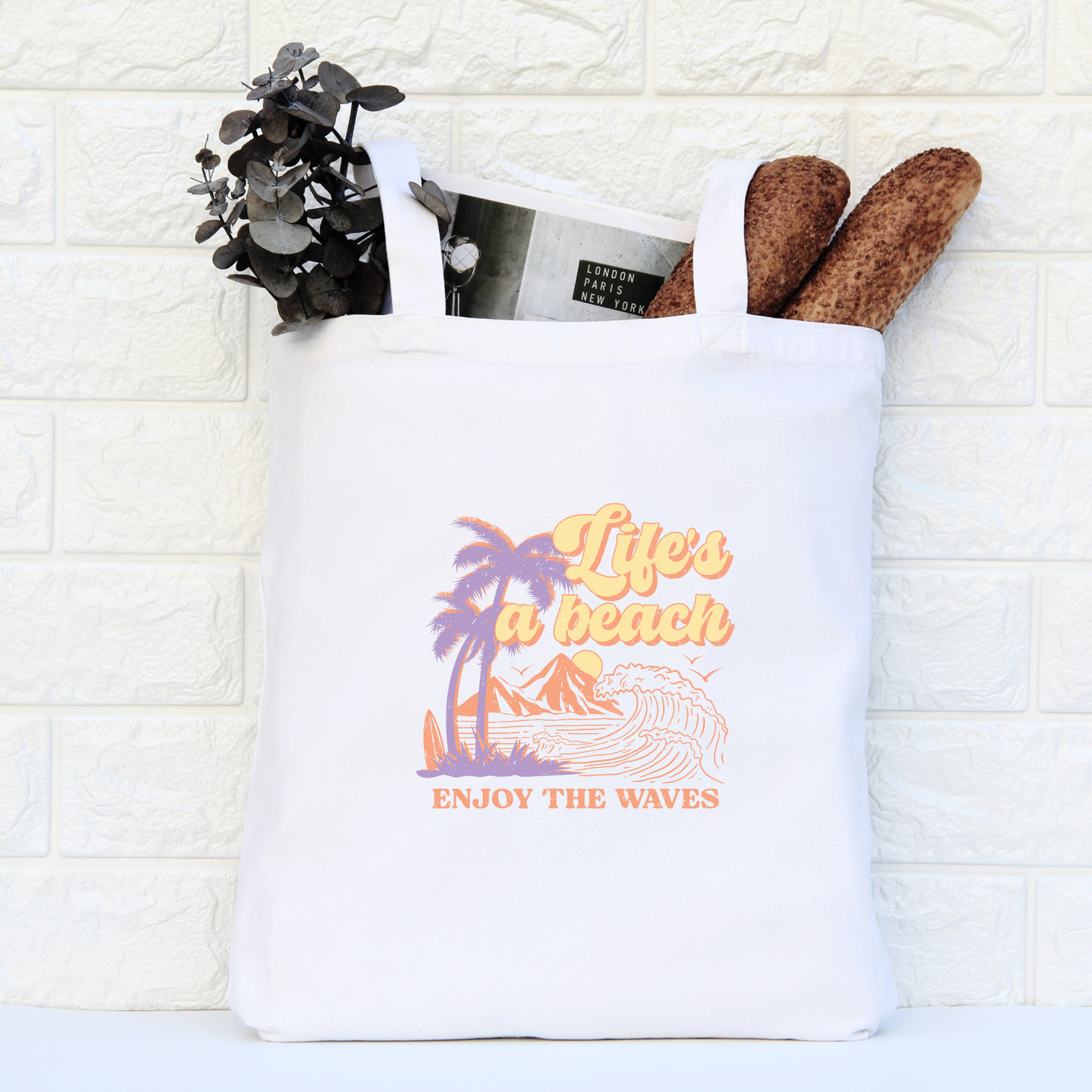 Life's A Beach Enjoy The Waves Tote Bag, Reusable Canvas Tote