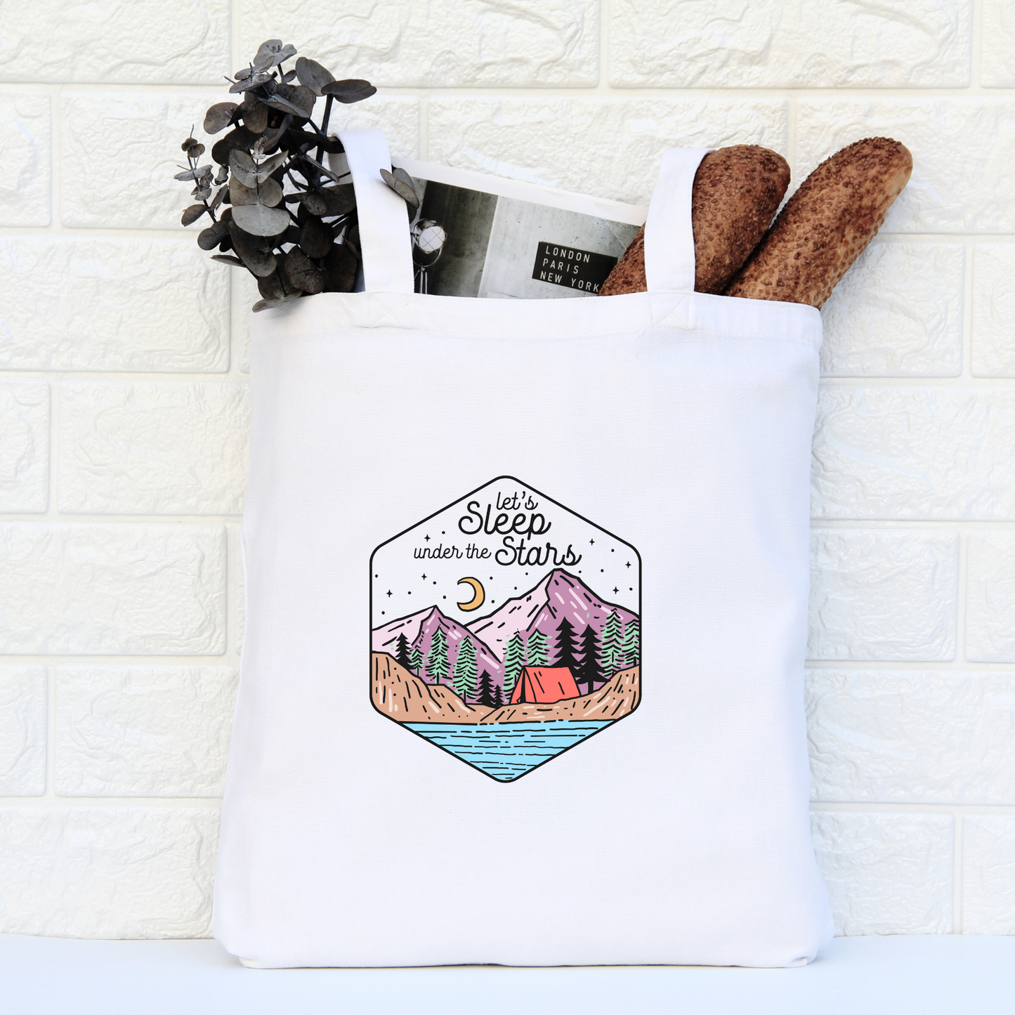 Let's Sleep Under The Stars Tote Bag, Reusable Canvas Tote