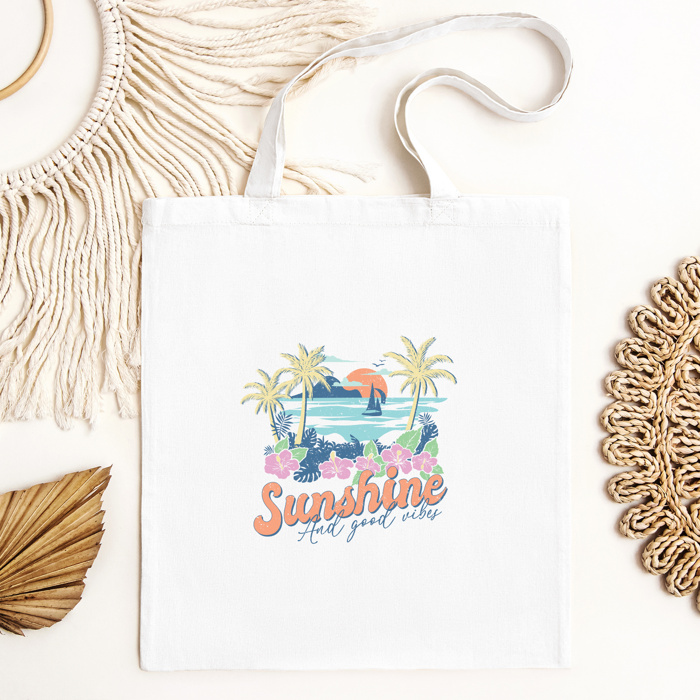 Sunshine and Good Vibes Tote Bag, Reusable Canvas Tote