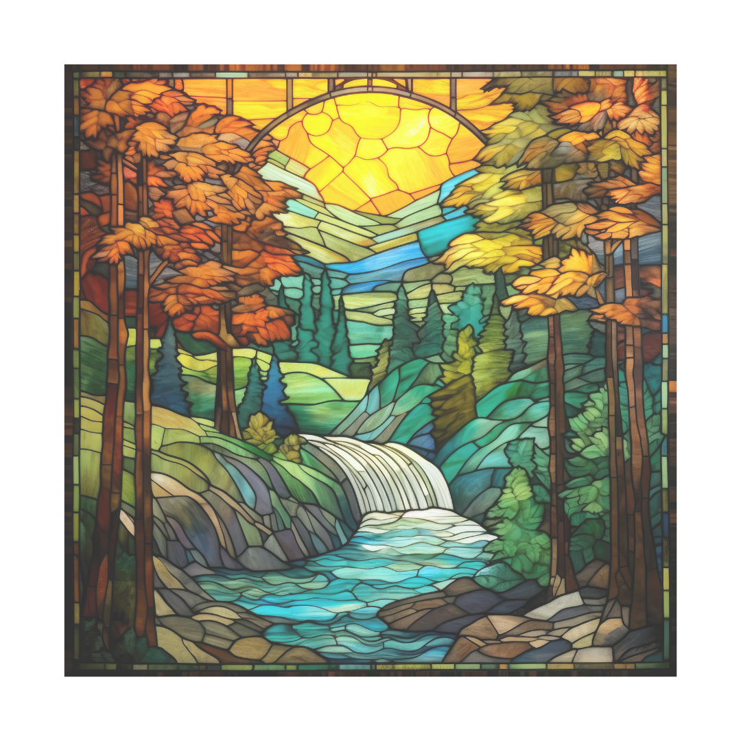 Forest Waterfall Stained Glass Window Cling