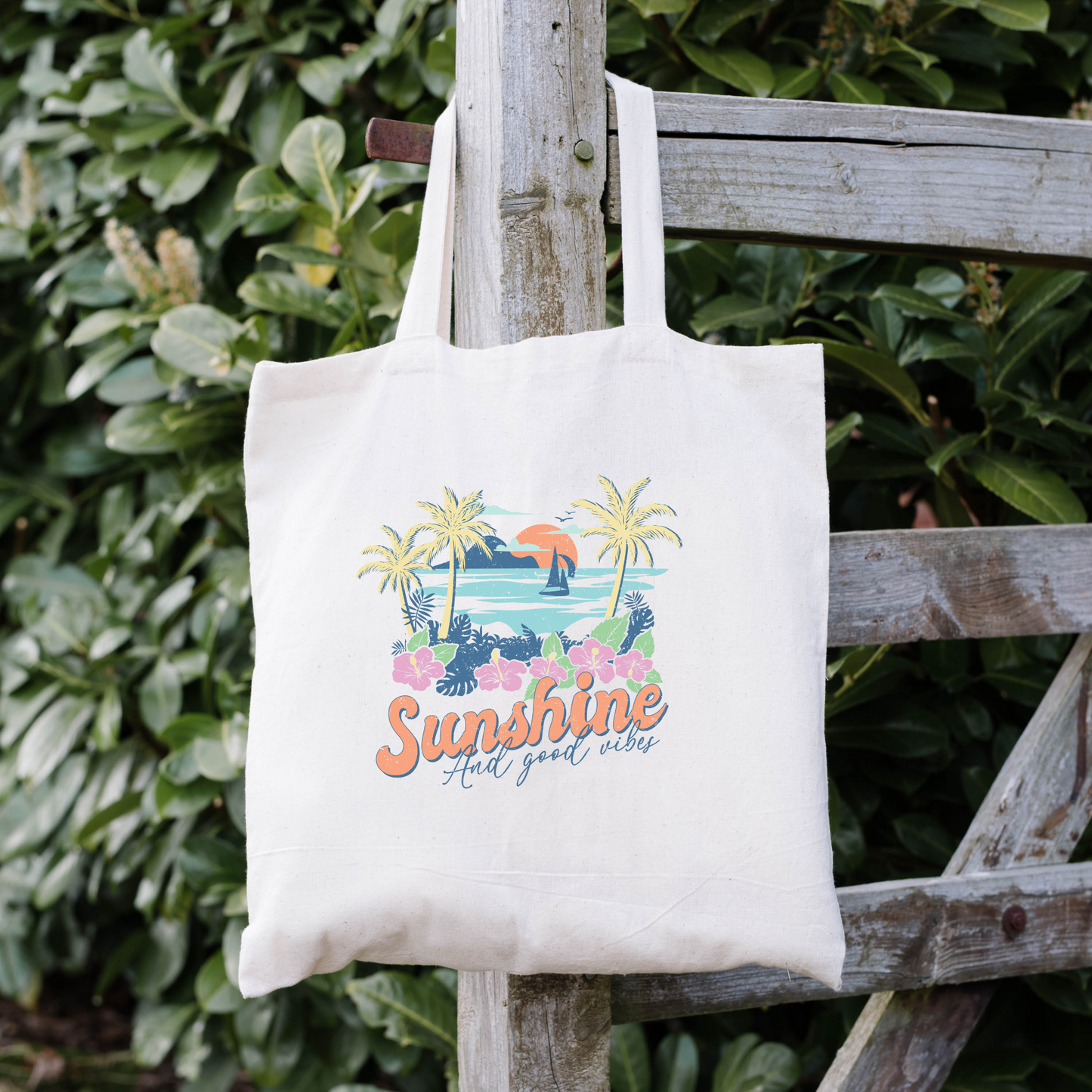 Sunshine and Good Vibes Tote Bag, Reusable Canvas Tote