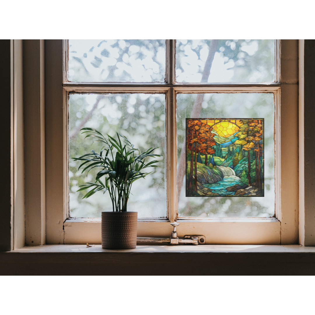 Forest Waterfall Stained Glass Window Cling