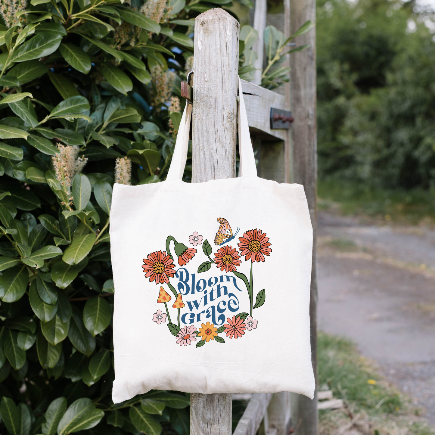 Bloom With Grace Tote Bag, Flower Tote, Floral Tote Bag, Reusable Bag, Motivation Gift Tote Bag