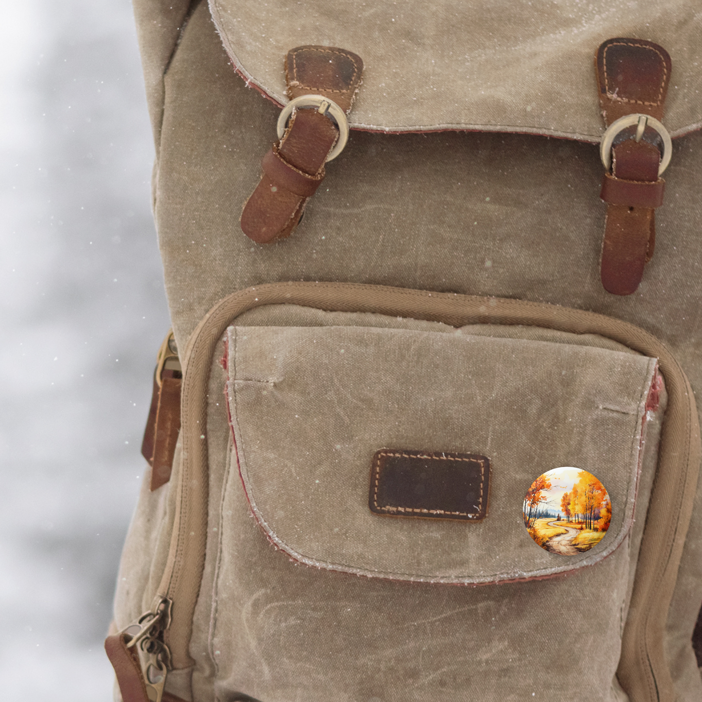 Fall Road Landscape Pin Back Button, Magnet, Keychain