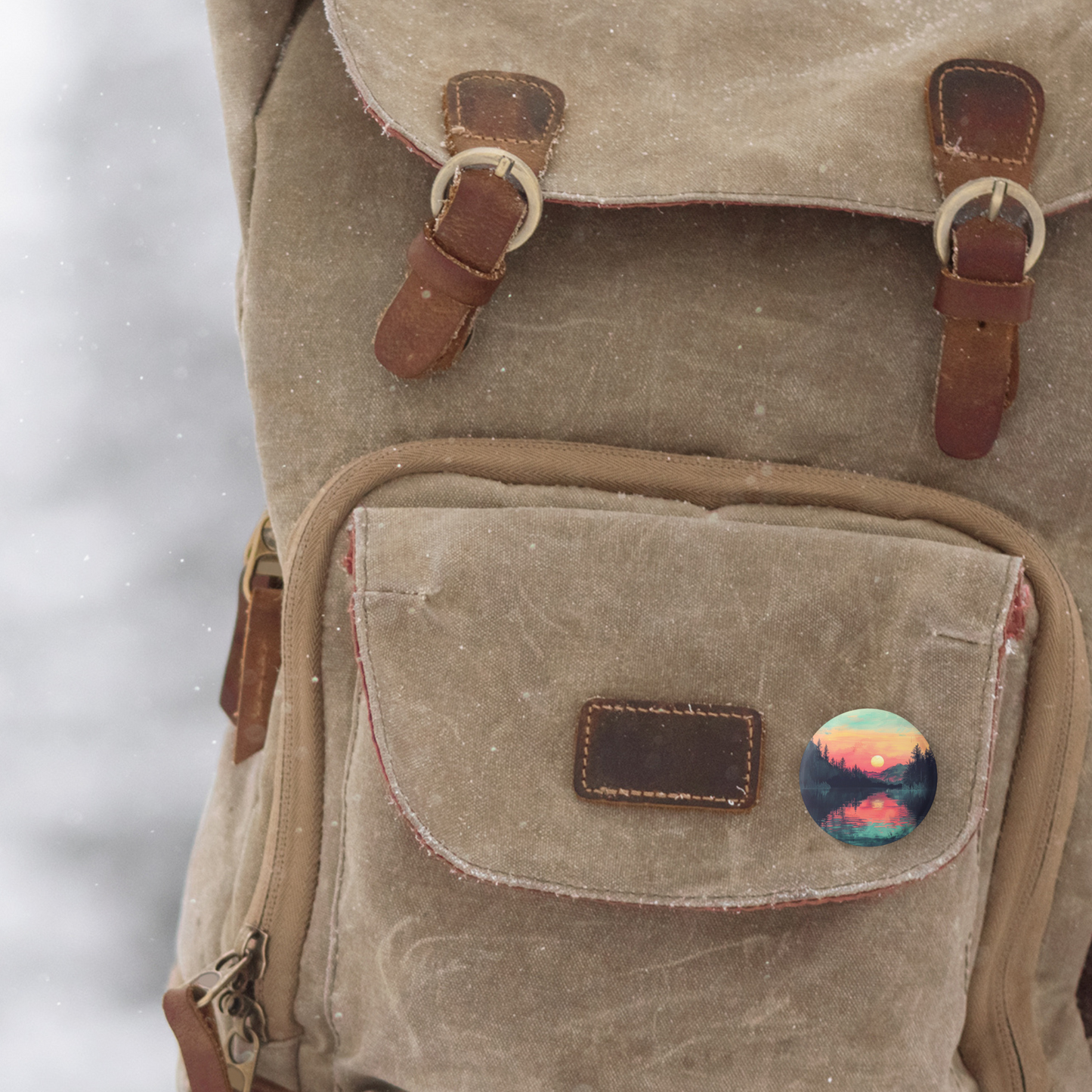 Sunset Forest Lake Pin Back Button, Magnet