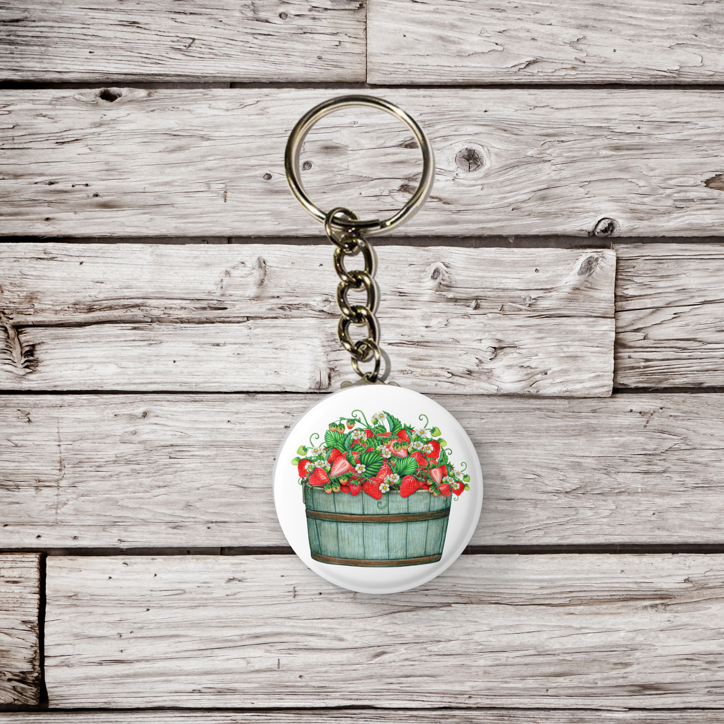 Strawberry Barrel Pin Back Button, Magnet, Keychain