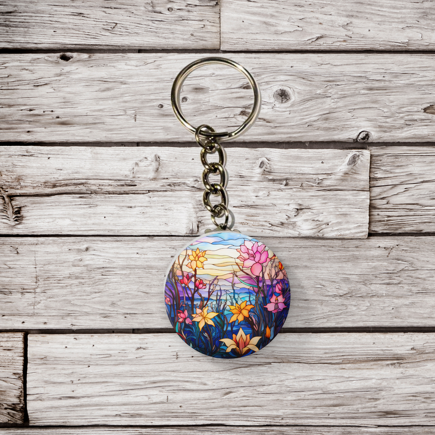 Stained Glass Flower Pin Back Button, Magnet, Keychain