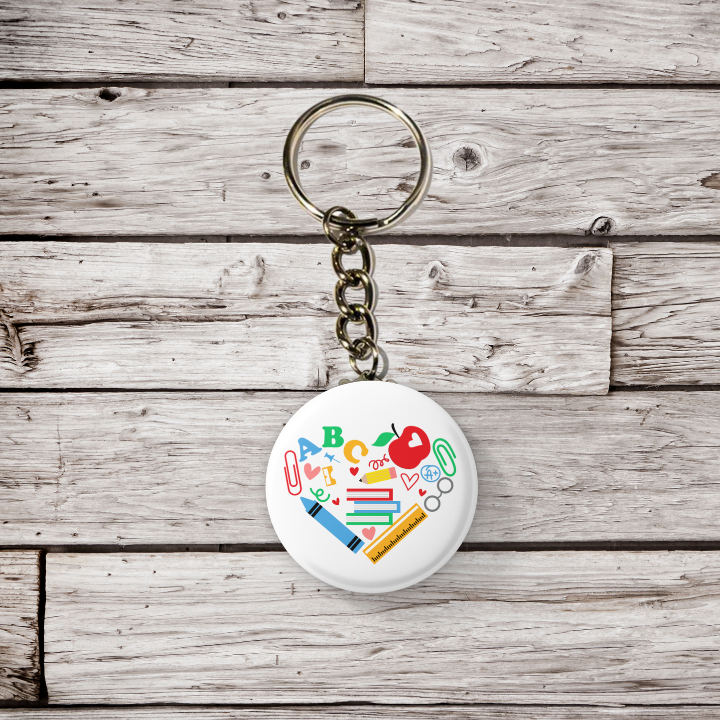 Teacher Heart Pin Back Button, Magnet, Keychain