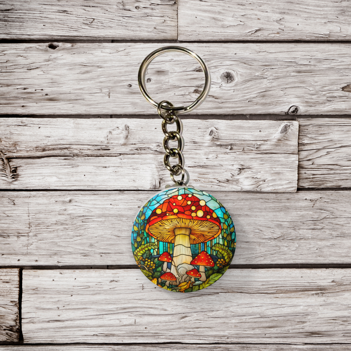 Stained Glass Mushroom Pin Back Button, Magnet, Keychain