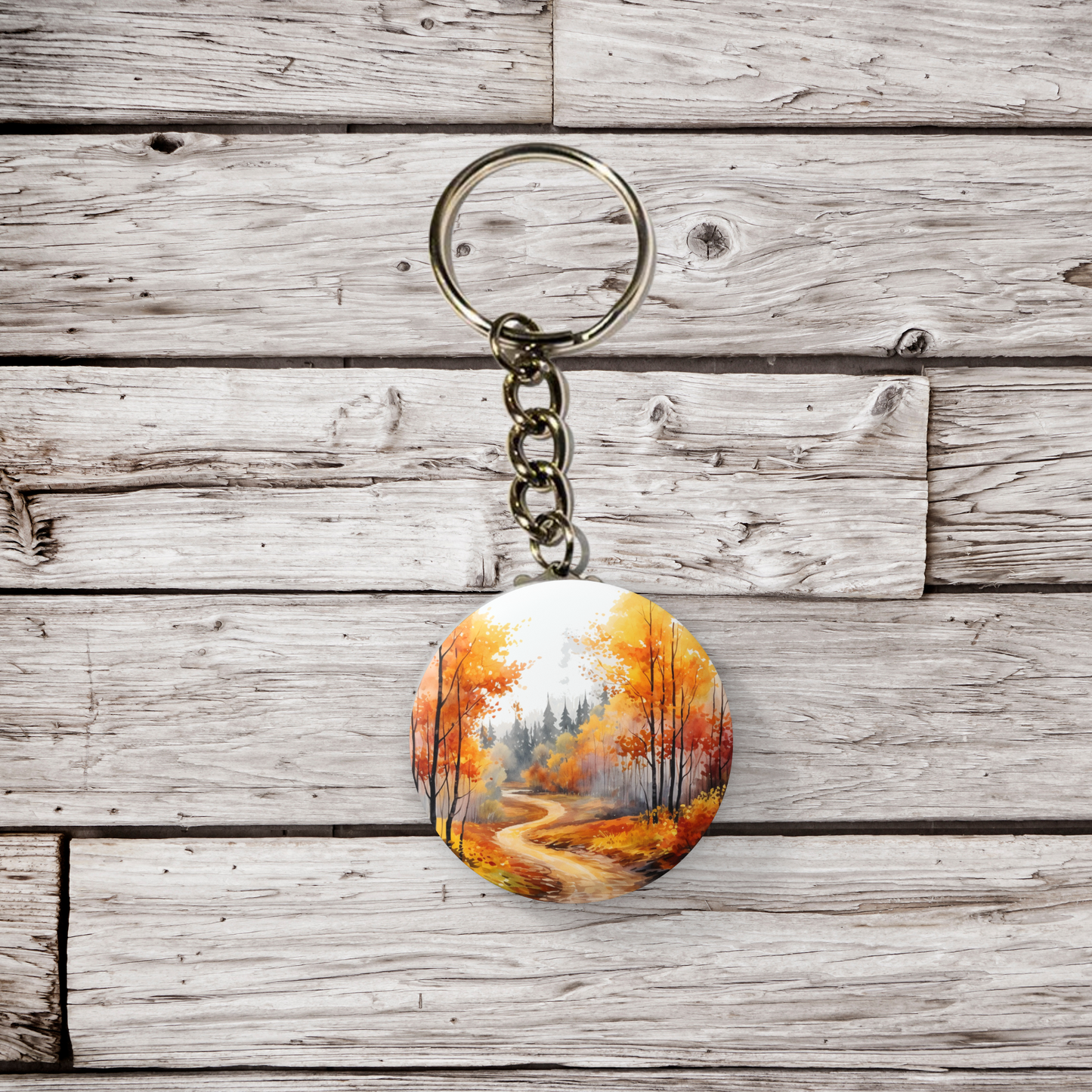 Fall Woods Landscape Pin Back Button, Magnet, Keychain