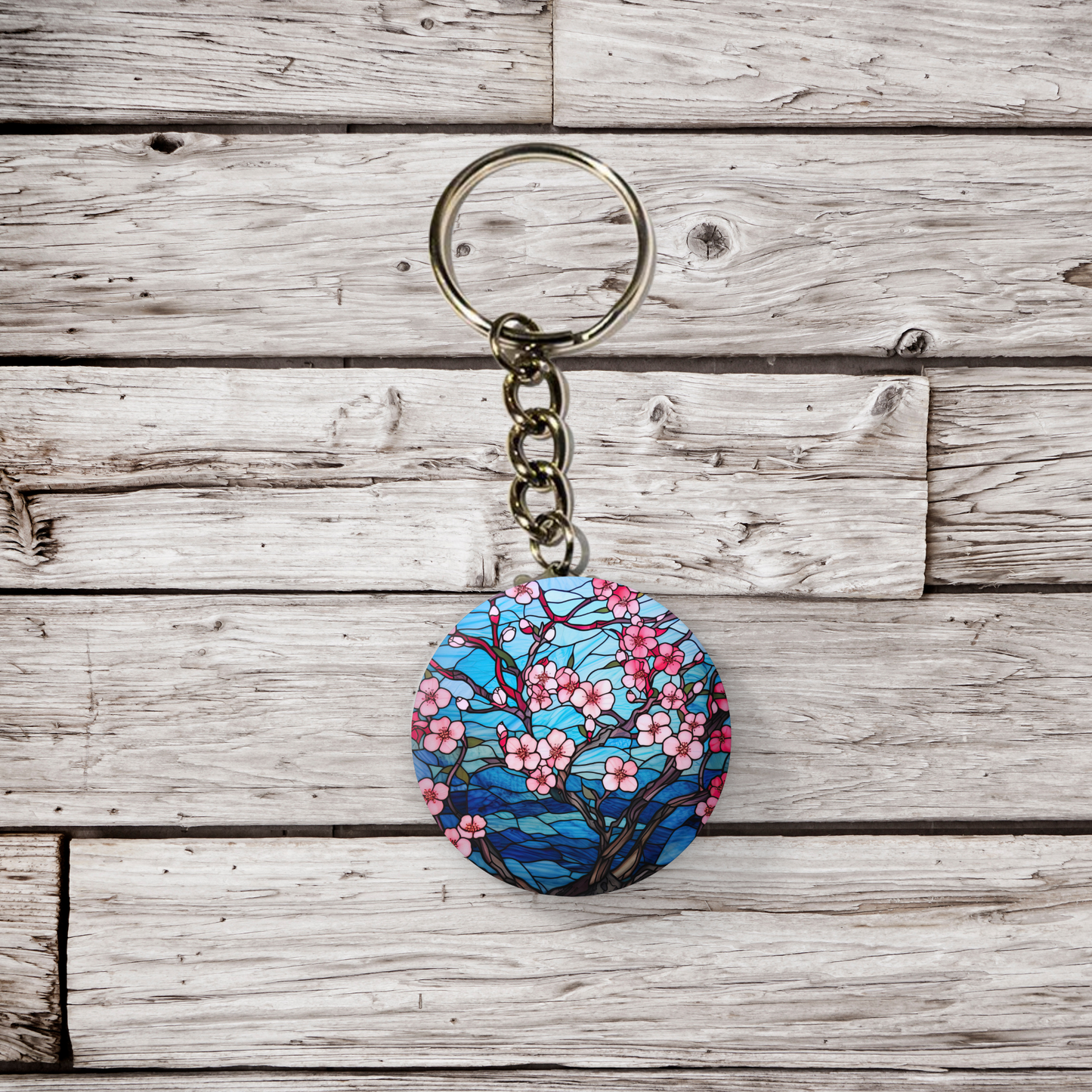 Stained Glass Cherry Blossoms Pin Back Button, Magnet, Keychain